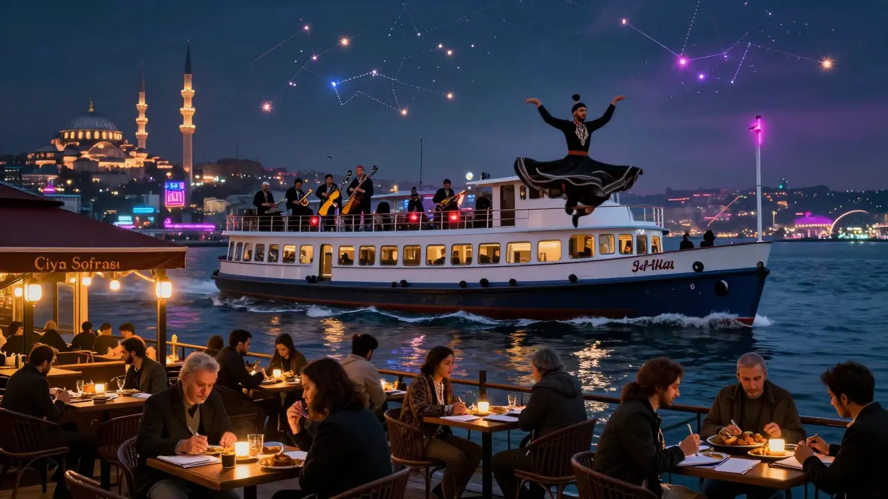 Floating ferry with Sufi dancer above jazz musicians, 24-hour café glowing below, Istanbul skyline blending in dreamlike haze.