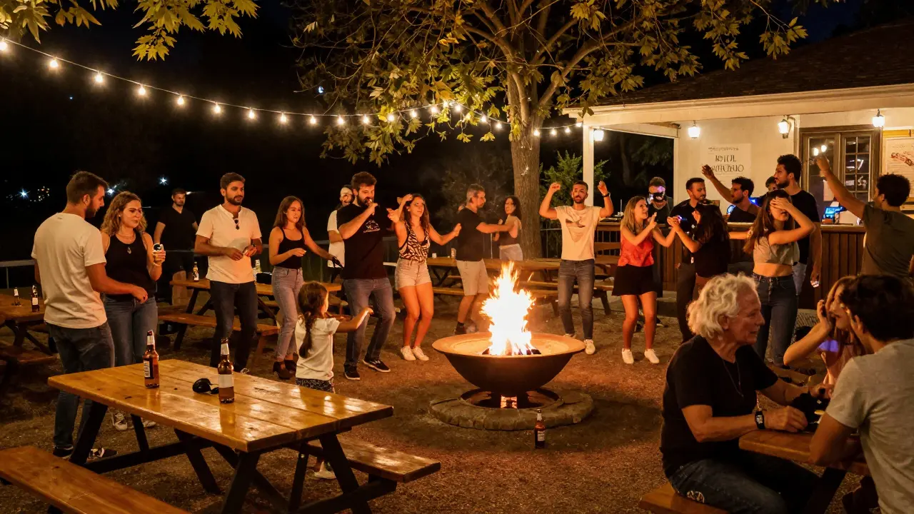 Gratosoglio’s outdoor party with diverse crowd dancing by a fire pit, fairy lights, and a DJ under the night sky.