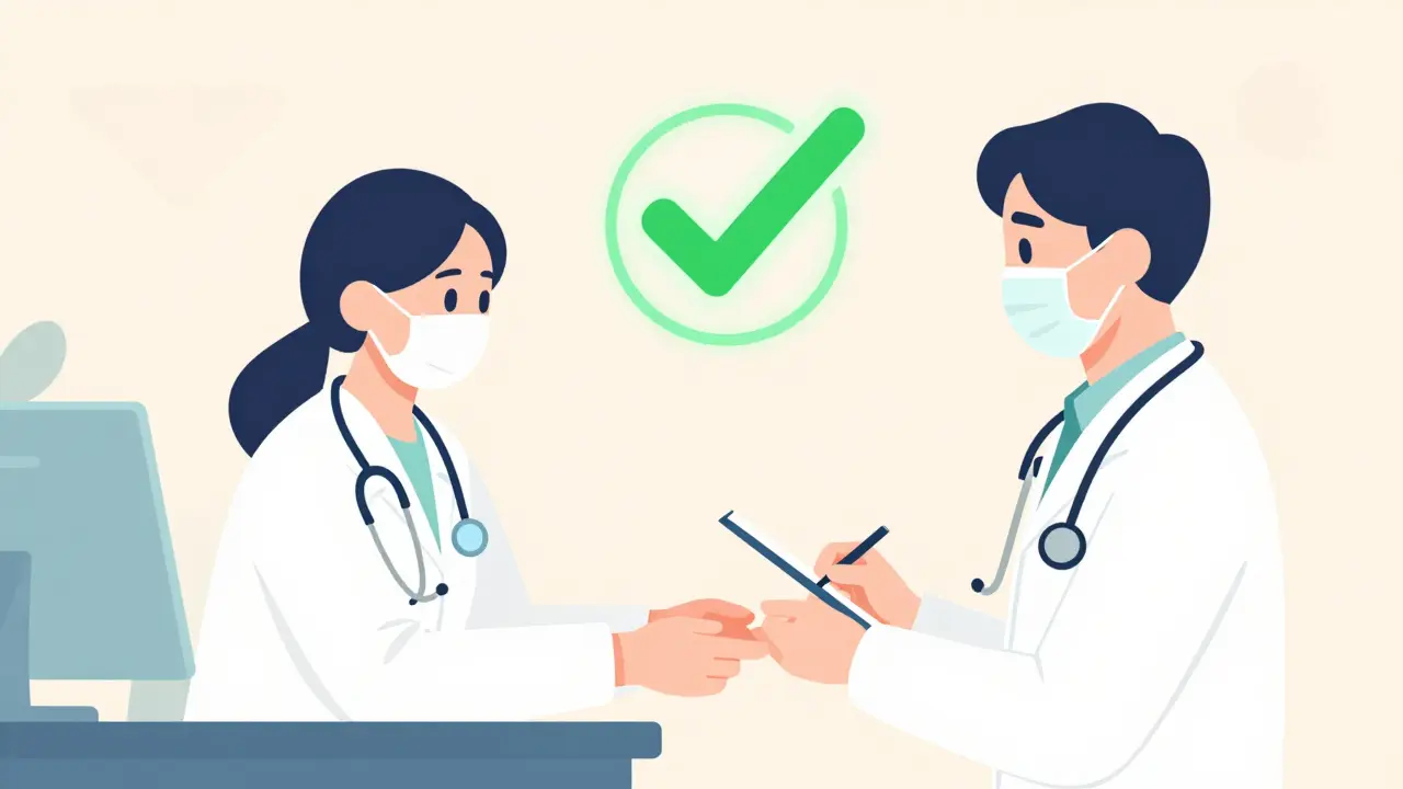 Healthcare professional with green checkmark symbol.