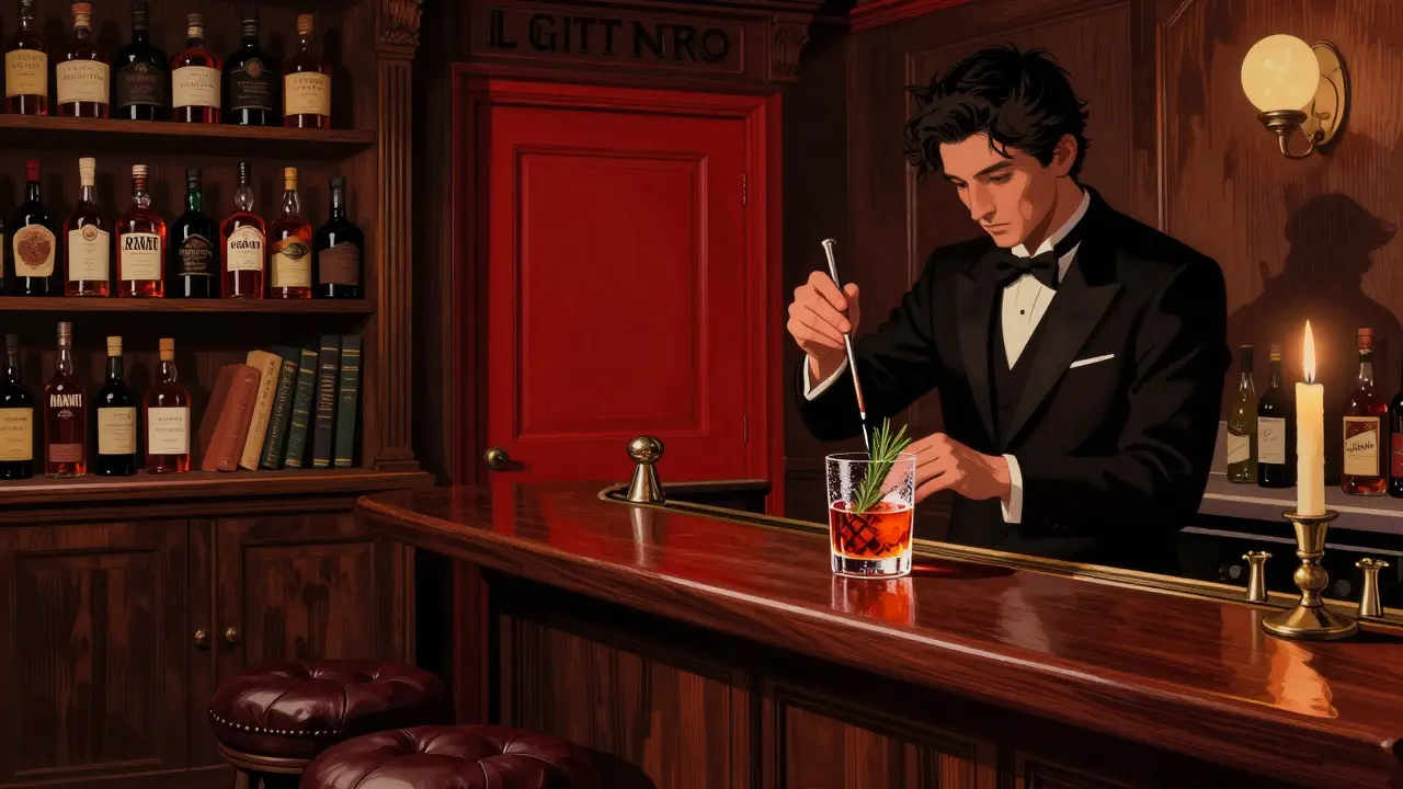 Hidden speakeasy bar with rich wood interiors, a bartender mixing a signature cocktail in low candlelight.