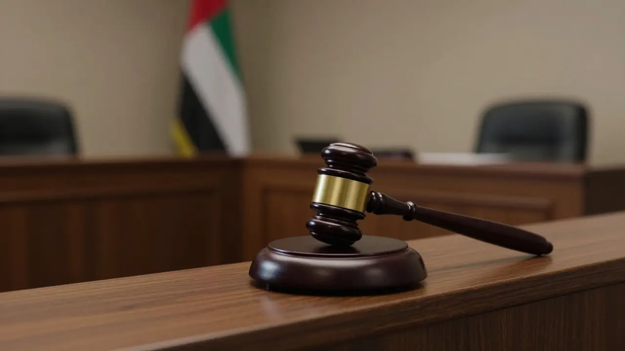Judge's gavel in courtroom with UAE flag under dramatic lighting