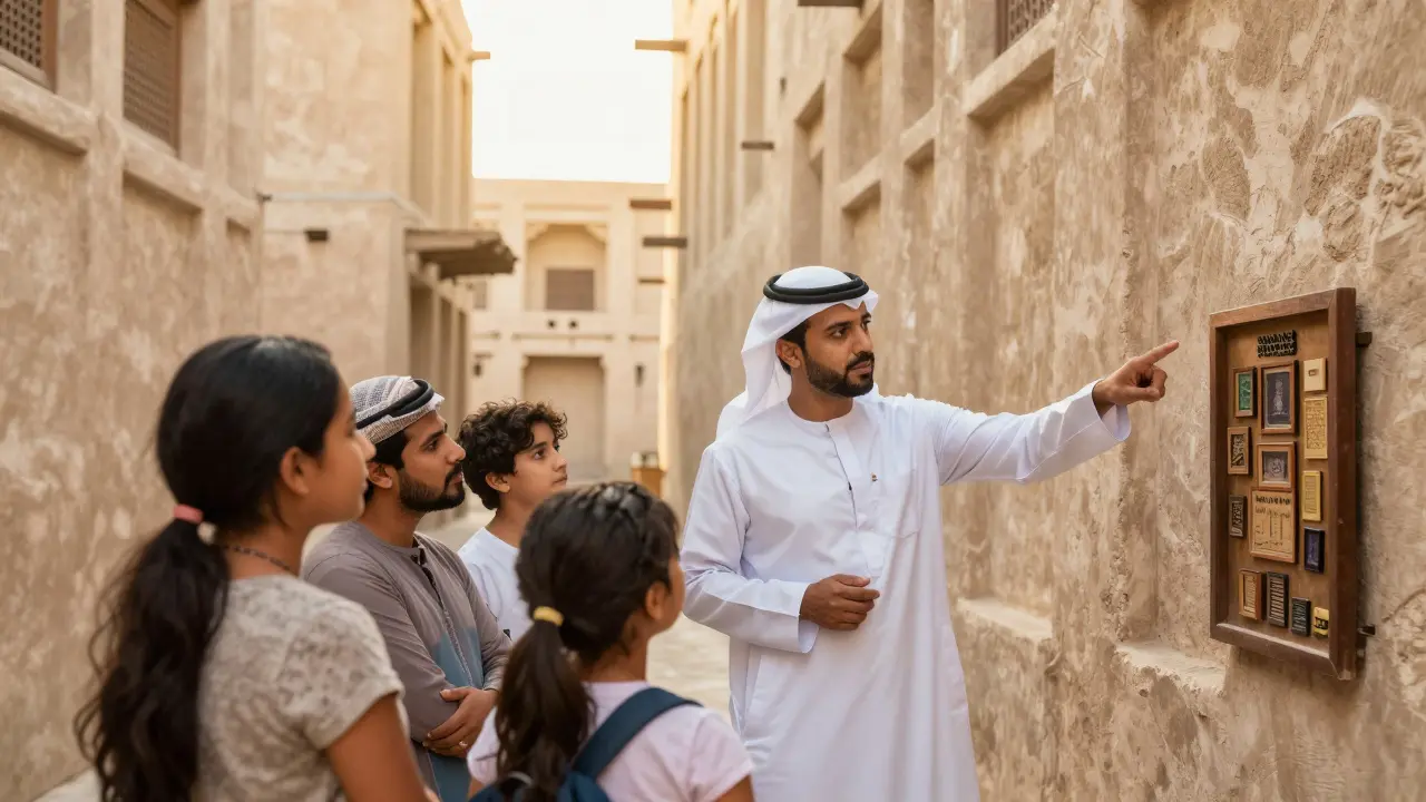 Licensed tour guide leading tourists through Dubai's historical district.