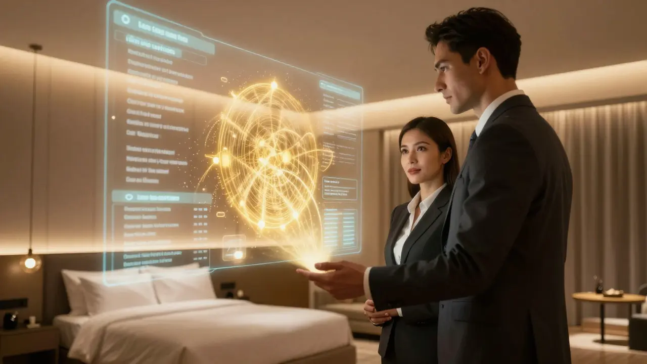 Luxury hotel suite with holographic booking interface.