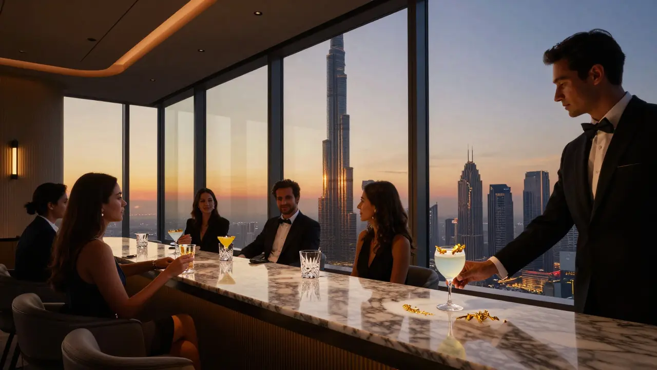 Luxury rooftop bar with stunning view of Burj Khalifa and guests sipping gourmet cocktails.