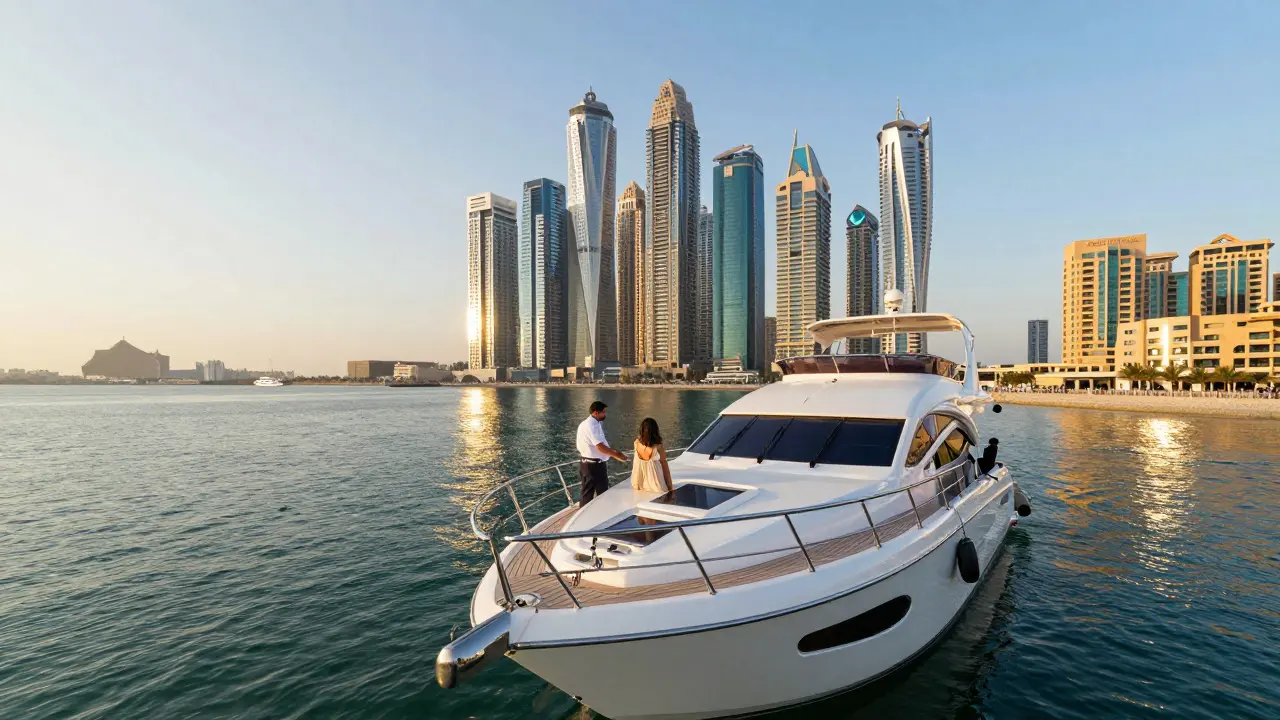 Luxury yacht charter with tour guide and Dubai Marina skyline at golden hour