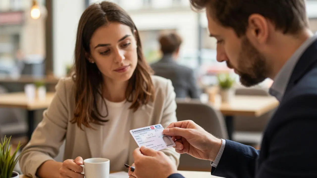 Man verifying ID of woman in Berlin café.