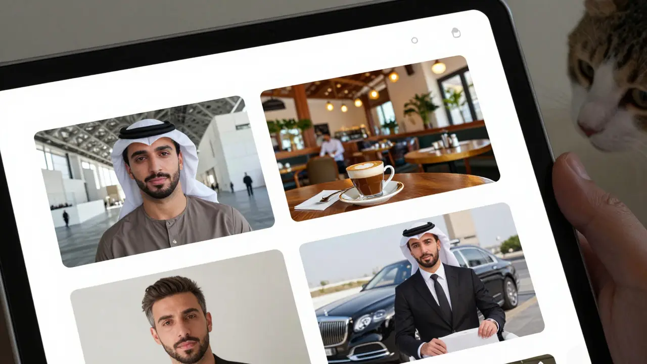 Multiple authentic photos on a tablet showing an escort in cultural settings with personal details like coffee and art.