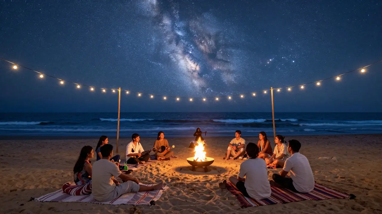 Private beach party under stars with fire pit, rugs, and oud player silhouetted against ocean waves.