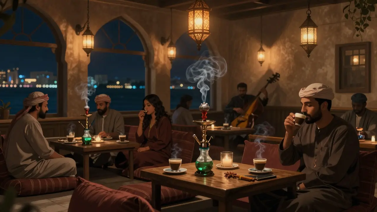 Quiet shisha lounge with lanterns, cushions, and smoke curling as city lights glow across the water.