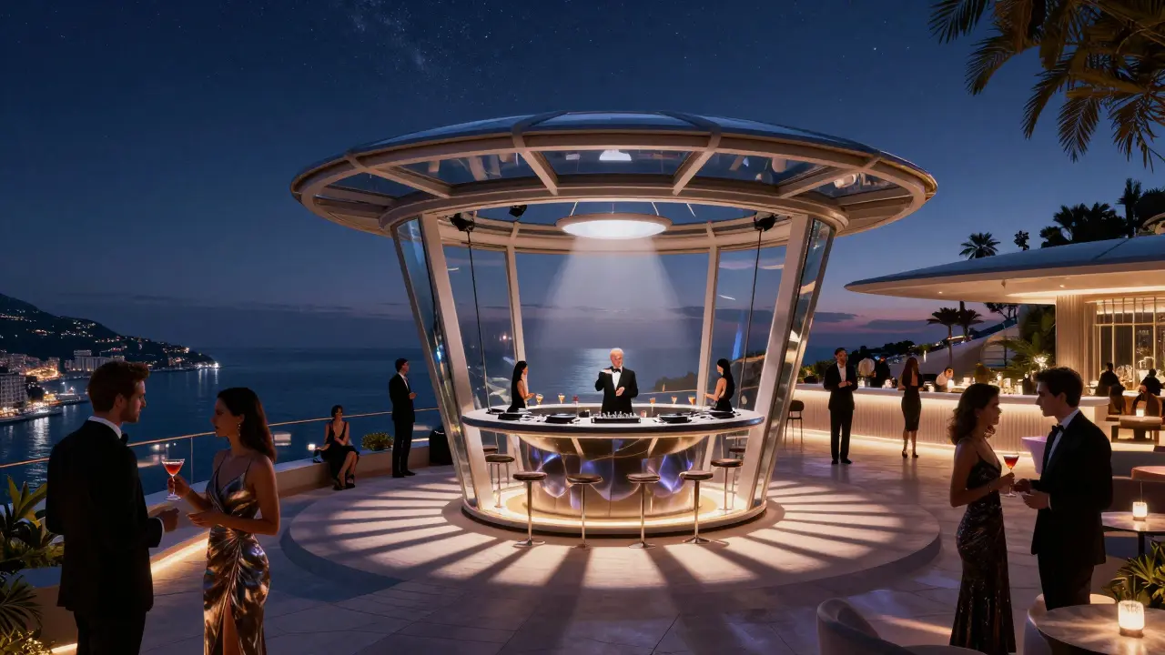 Rooftop lounge Le Mirage at night with 360-degree views of the Mediterranean, rotating DJ booth, elite crowd.