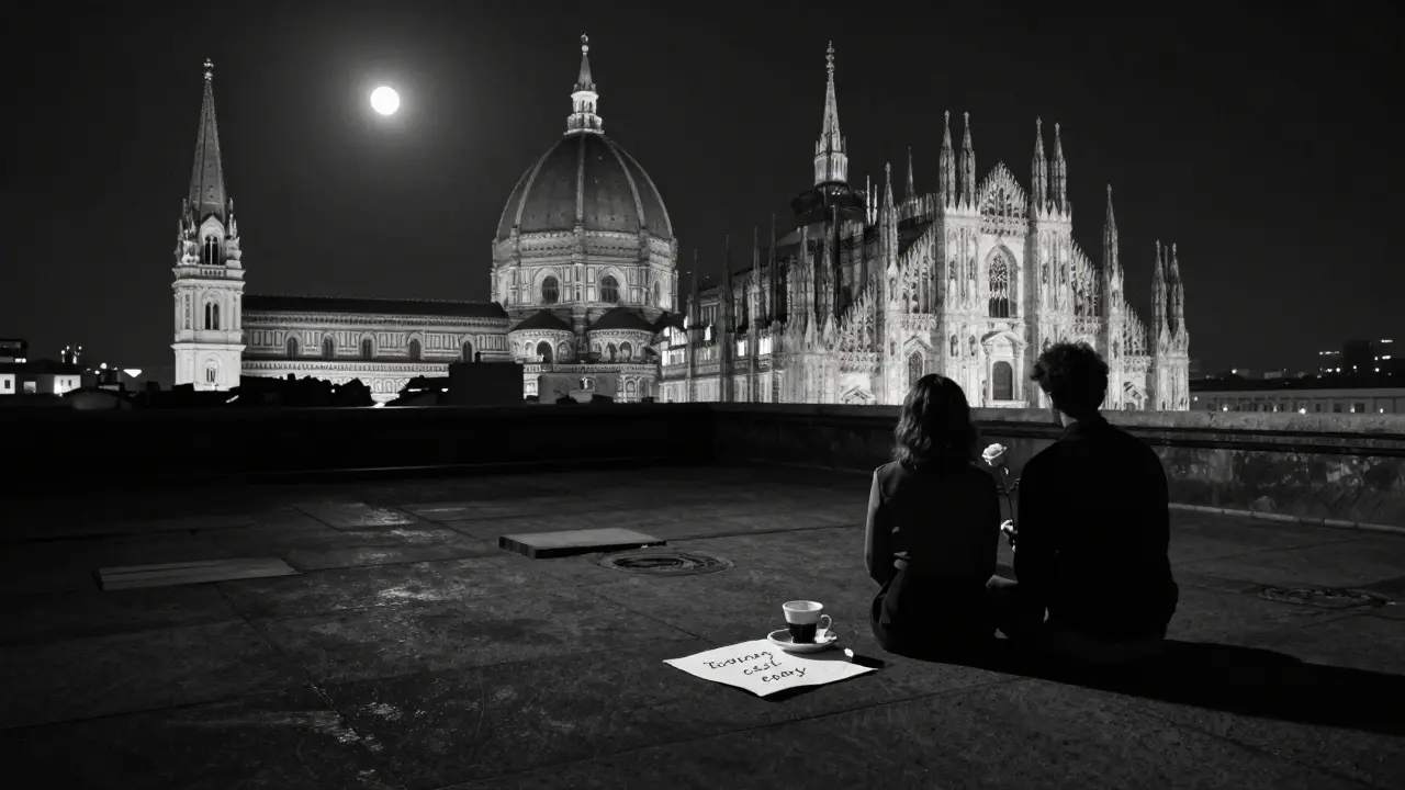 Silhouettes on a Milan rooftop at night, single rose and handwritten note beside an espresso cup, Duomo in distance.