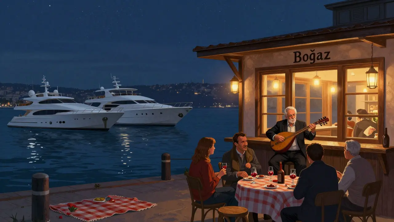 The Bosphorus waterfront at night with yachts and fishing boats, a cozy bar lit by warm light as locals listen to folk music.