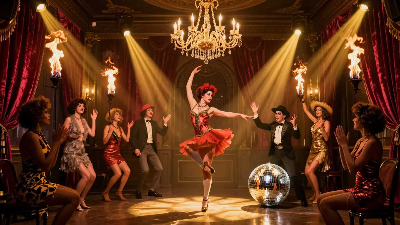 Theatrical club interior with burlesque performer on chandelier and fire-eaters under golden lights.