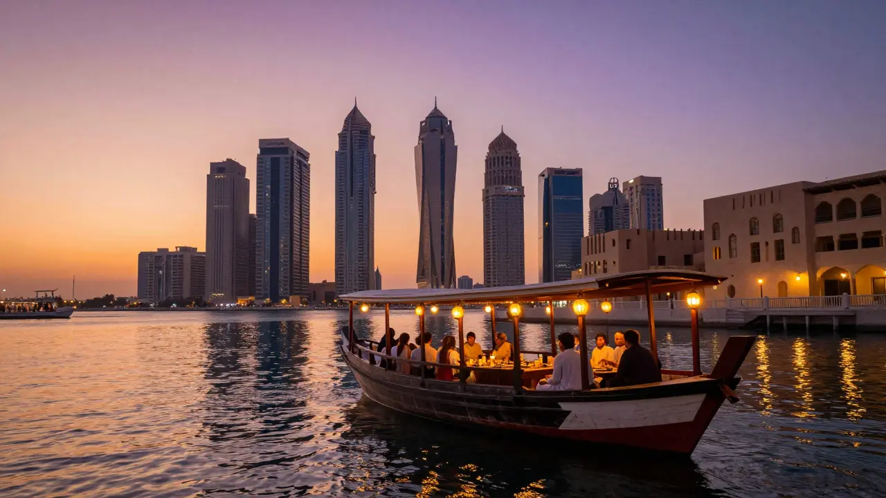Traditional dhow cruise on Dubai Creek at sunset