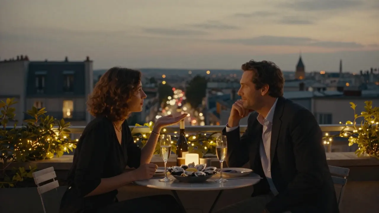 Two people enjoy champagne and oysters on a quiet rooftop garden in Paris, city lights glowing softly below them.