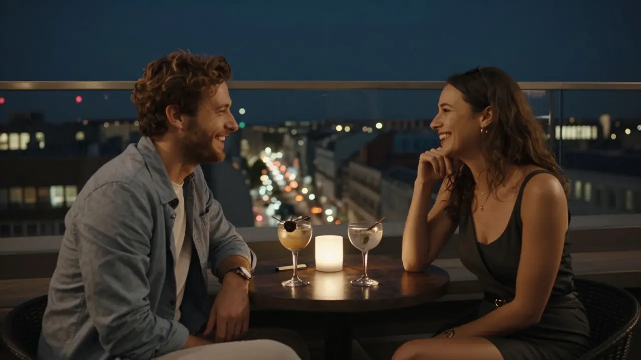 Two people laughing at a Berlin rooftop bar, sharing conversation under city lights, no physical contact, only mutual respect.