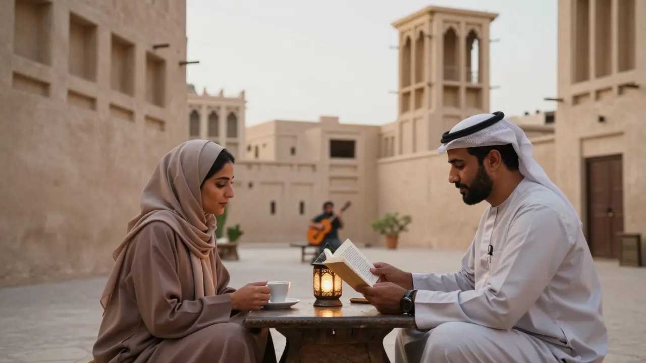 Two people sharing coffee in a quiet historic Dubai courtyard, surrounded by lanterns and oud music.
