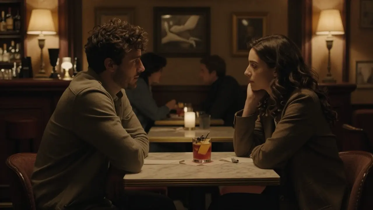 Two people sit in silent conversation at a dimly lit Milanese bar, sharing a quiet moment over aperitivos, the atmosphere intimate and still.
