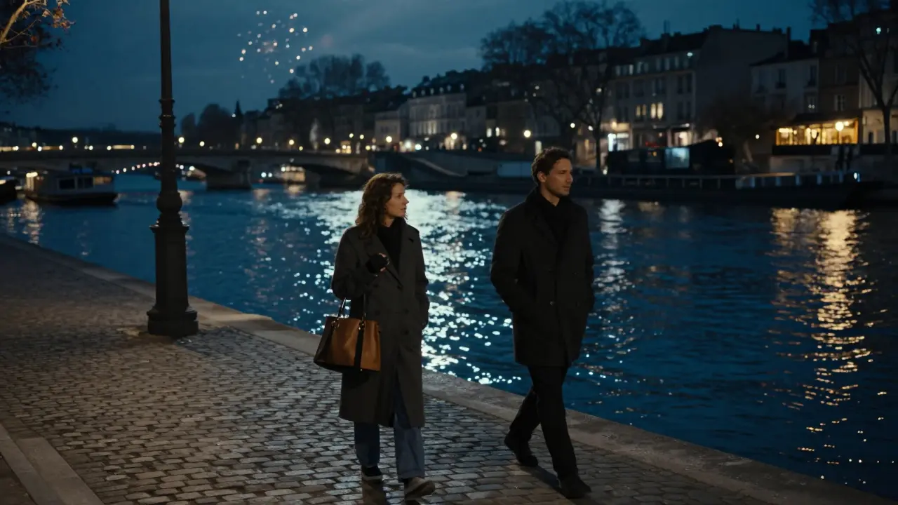 Two people walking side by side along the Seine at night, not touching, under soft city lights.