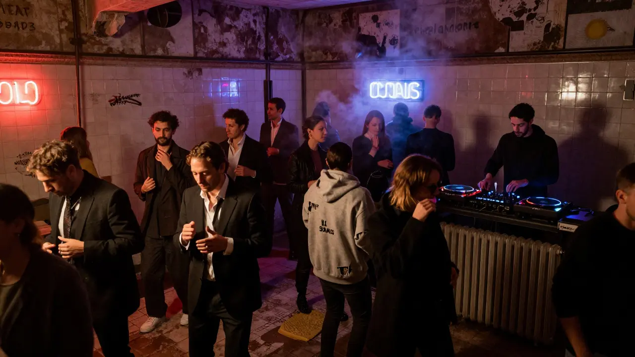 Underground dance club with diverse crowd moving to electronic music in a converted historic bathhouse.