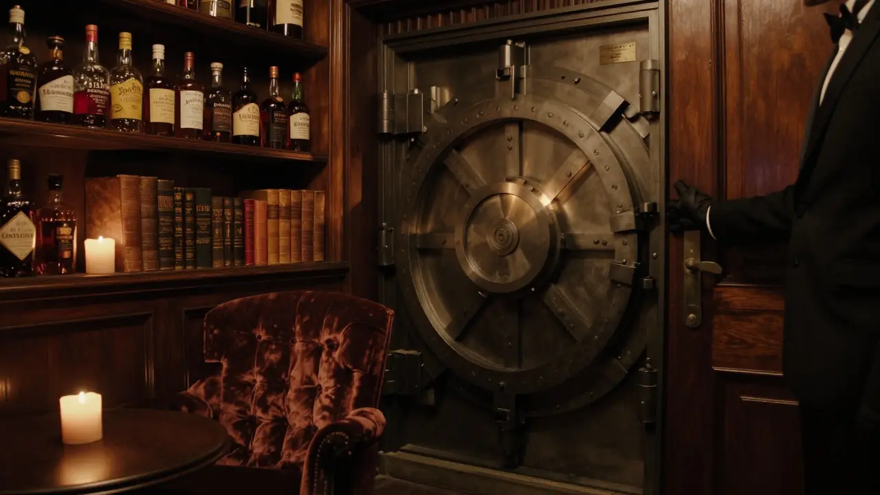 Underground speakeasy with antique bottles and books, candlelight on a vault door, no people, atmosphere of quiet exclusivity.