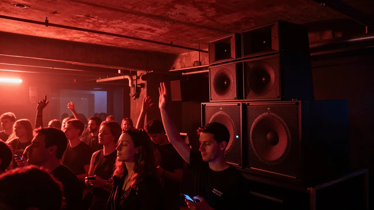 Underground techno club with red lighting, concrete walls, and people lost in music.