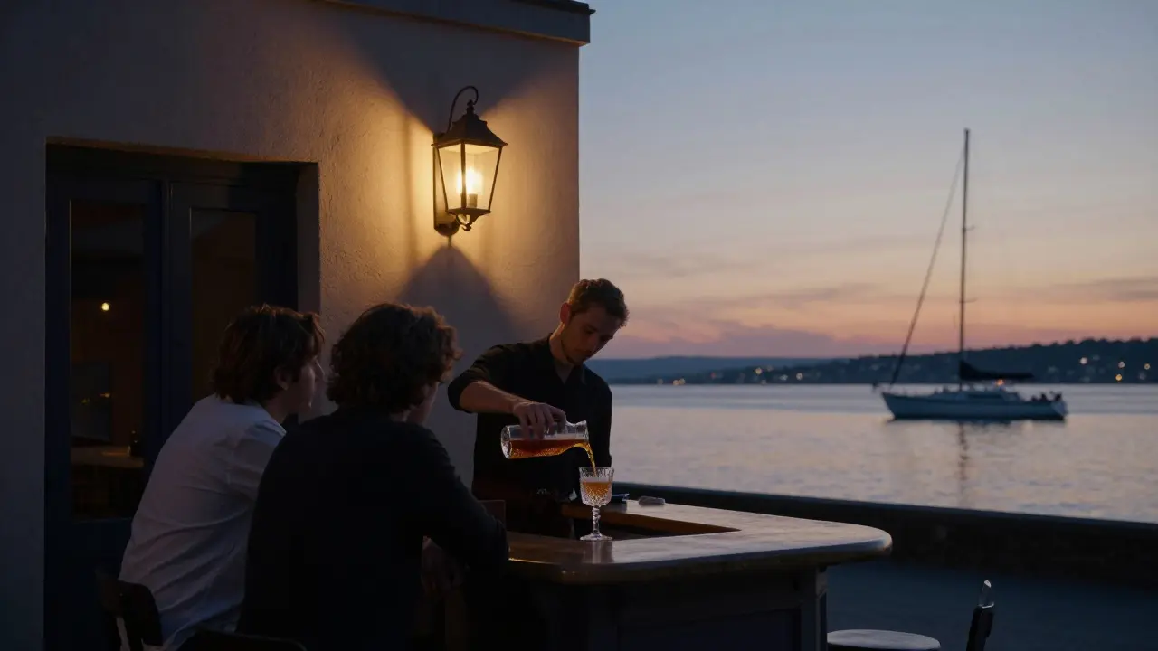 A bartender pouring a golden cocktail in a quiet, elegant bar with soft lighting and a harbor view at dusk.