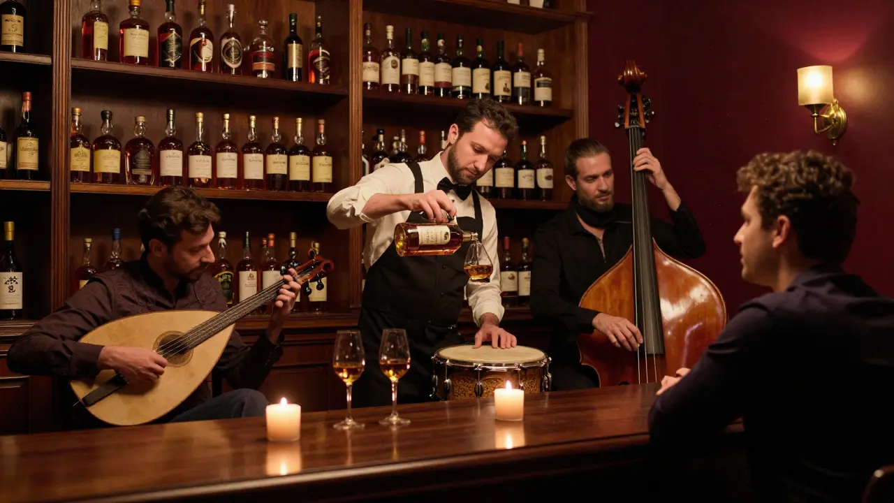 A bartender pouring rare whiskey at The Library while a jazz trio plays, surrounded by shelves of whiskey bottles and candlelight.