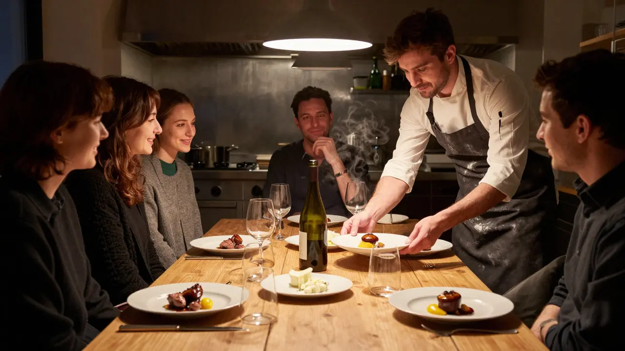 A chef serving a five-course dinner to five strangers at a wooden table in a hidden Paris kitchen.