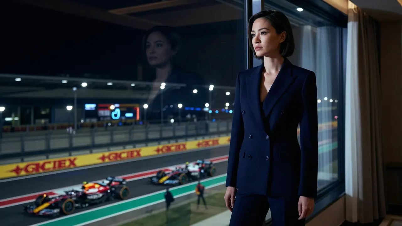 A composed woman in a tailored blazer observing Formula 1 lights from a VIP suite window.