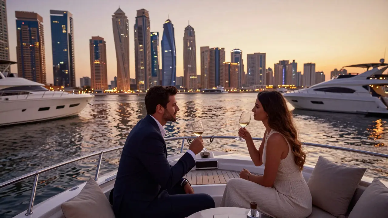 A couple on a private yacht at sunset, enjoying wine as the Dubai skyline glows behind them.