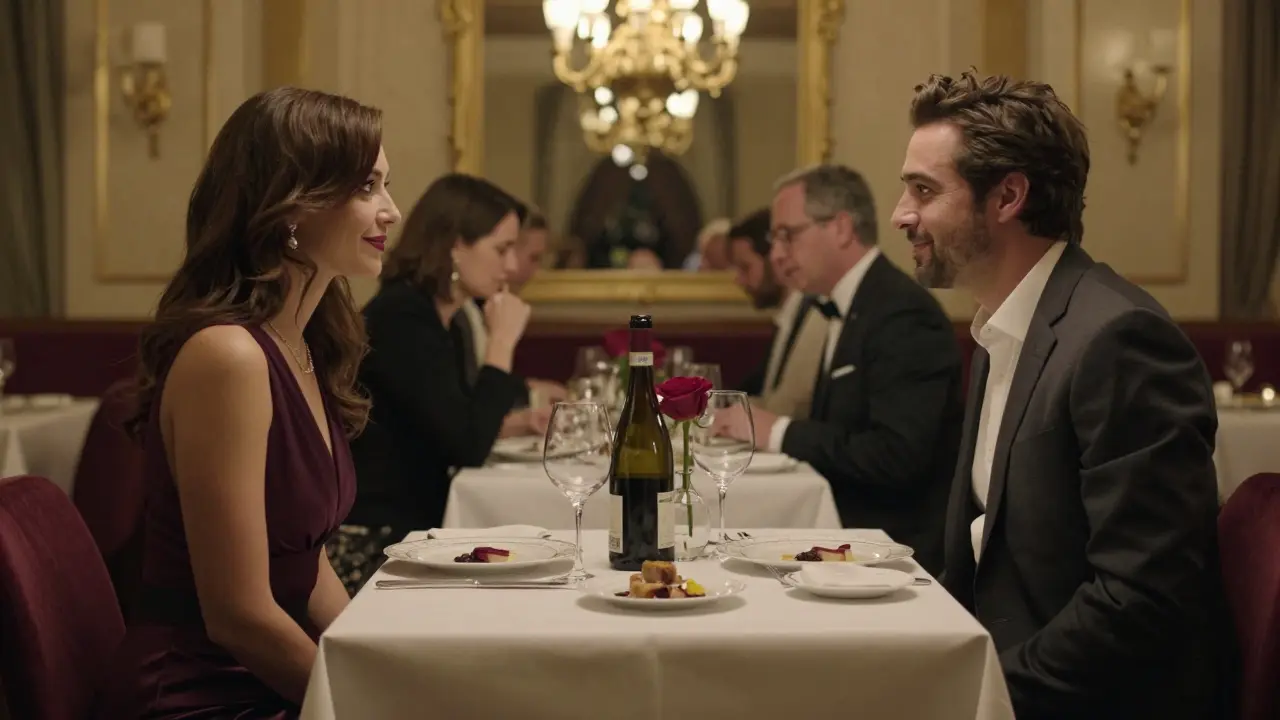 A couple sharing a refined dinner at a luxury Milan restaurant, soft lighting and fine dining details.