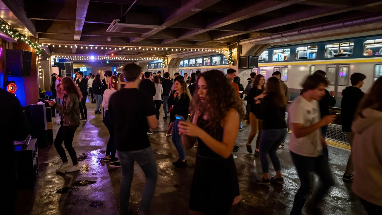 A crowded underground Paris club with dancers moving under strobe lights and Christmas decorations.