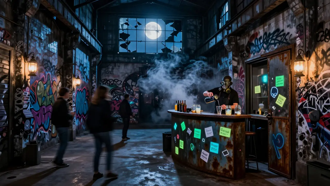 A graffiti-filled warehouse under a full moon where visitors leave notes in jars under glowing stickers.