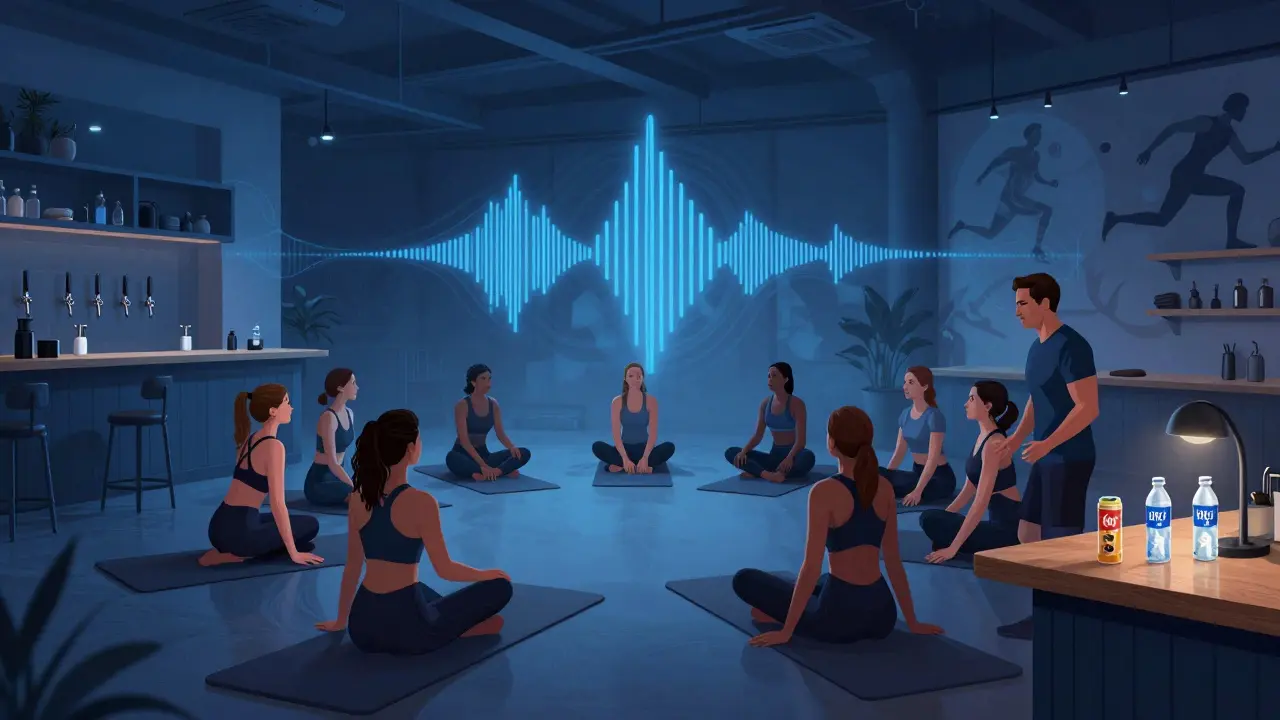 A group stretching calmly in a 24/7 fitness lounge with electrolyte drinks and soft lighting.