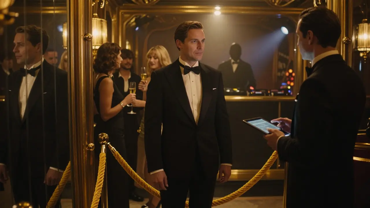A guest stepping past a silent doorman into a dimly lit, exclusive nightclub with velvet ropes and mirrored walls.