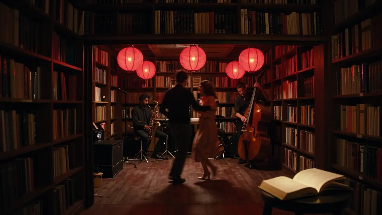 A hidden basement club with red lanterns and live jazz, where three people dance slowly among towering bookshelves in intimate silence.