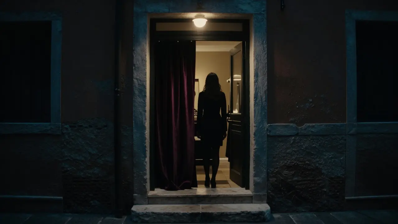 A hidden entrance beneath a tailor’s shop in Porta Venezia, a woman waiting in the threshold under a dim bulb.