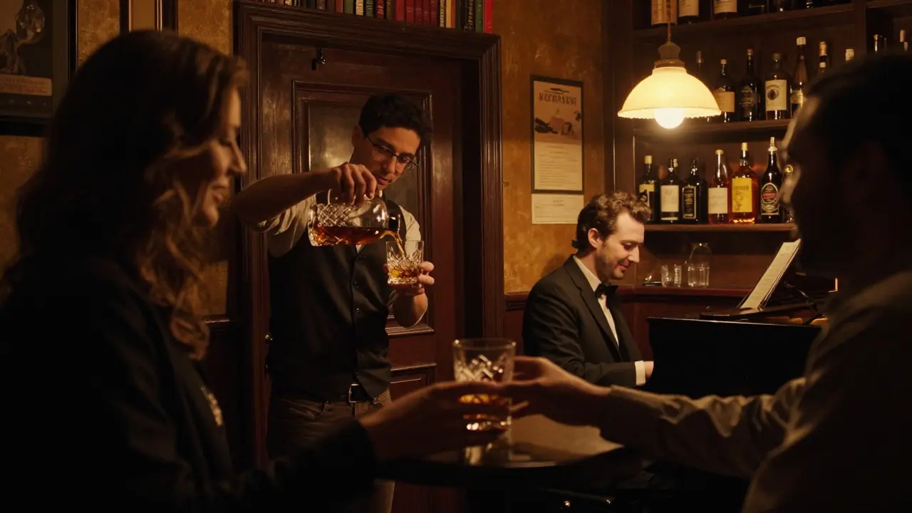 A hidden speakeasy behind a bookshelf, bartender pouring whiskey, jazz pianist playing in dim amber light.
