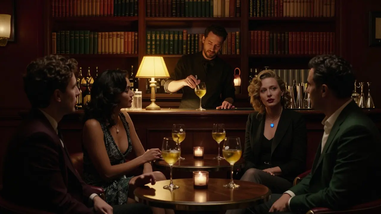 A hidden speakeasy behind bookshelves where a bartender mixes a saffron gin cocktail in a dim, luxurious lounge.