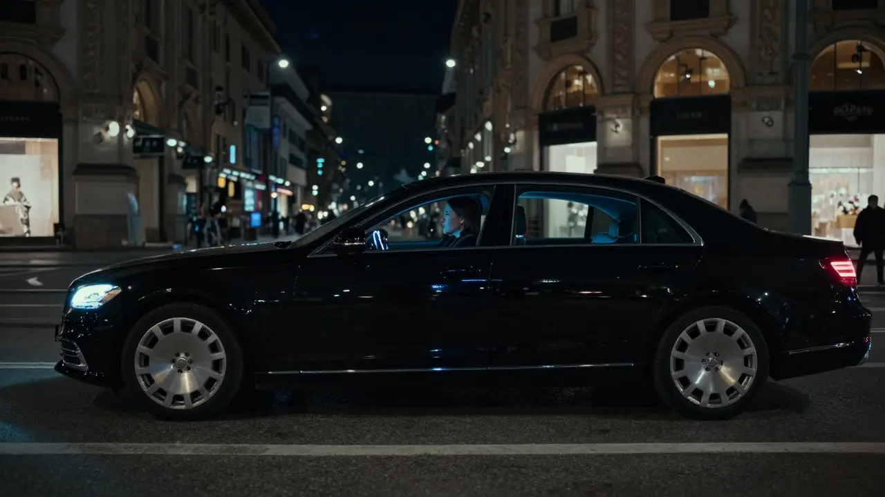 A luxury sedan driving through nighttime Milan, symbolizing discreet and professional companionship.