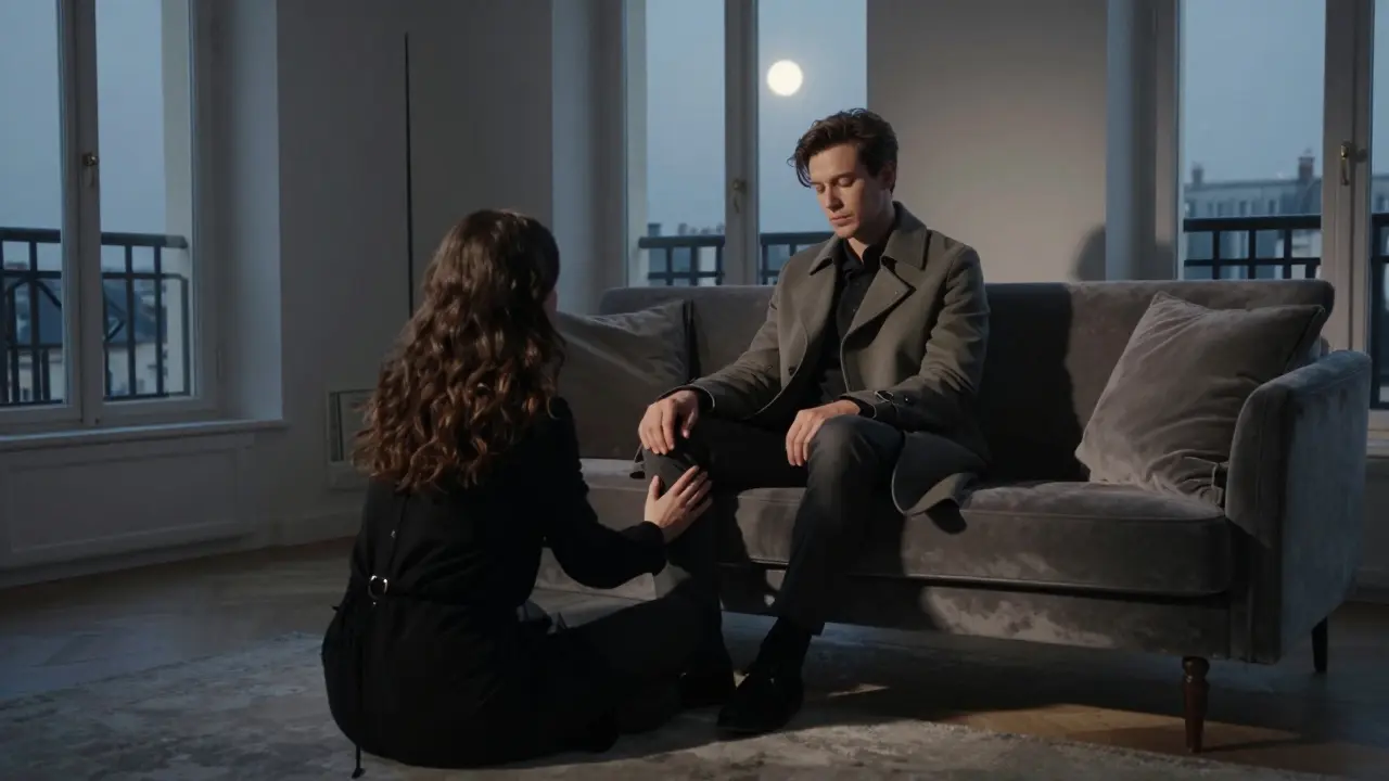 A man and woman sit in serene silence in a Paris apartment, offering emotional comfort without words.