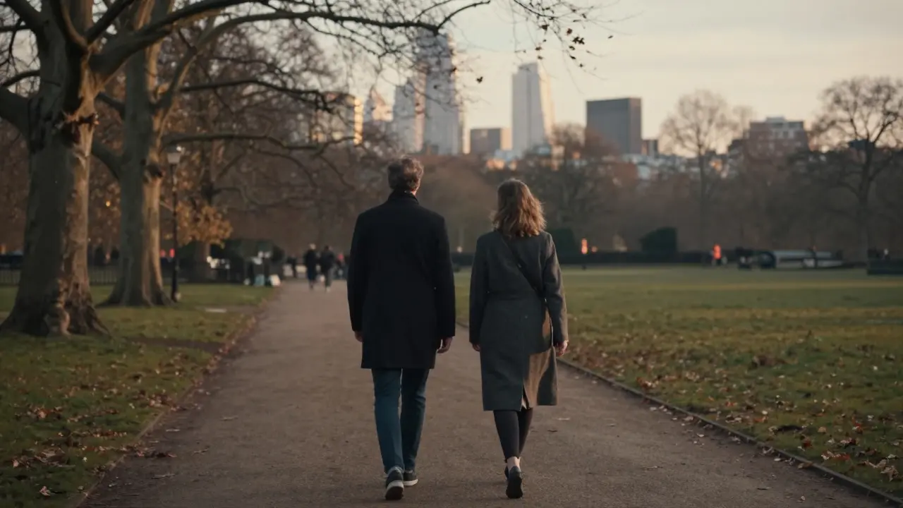 A man and woman walking peacefully through Hyde Park at sunset, enjoying quiet companionship.