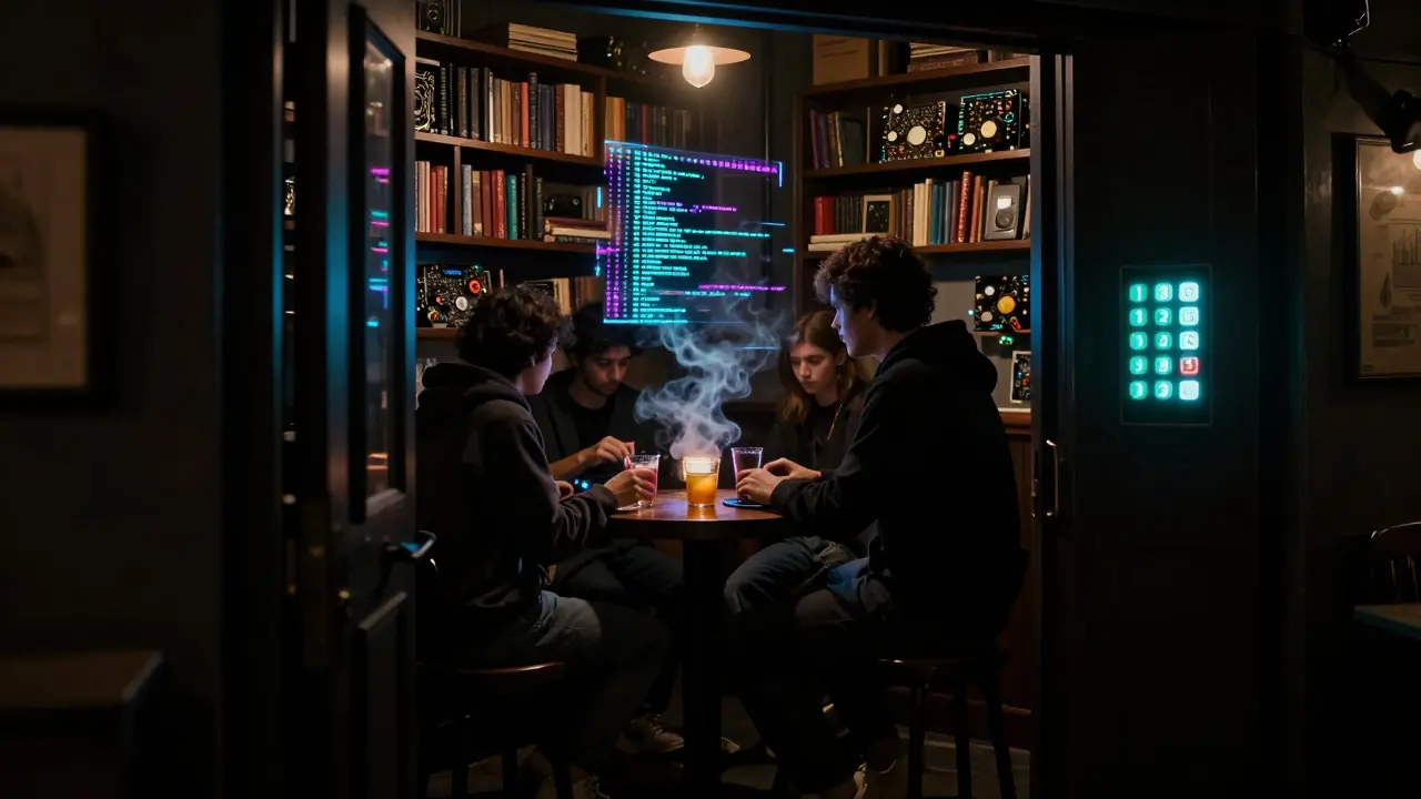 A person entering the hidden Bar 33, where glitchy music and tech culture create an intimate atmosphere.