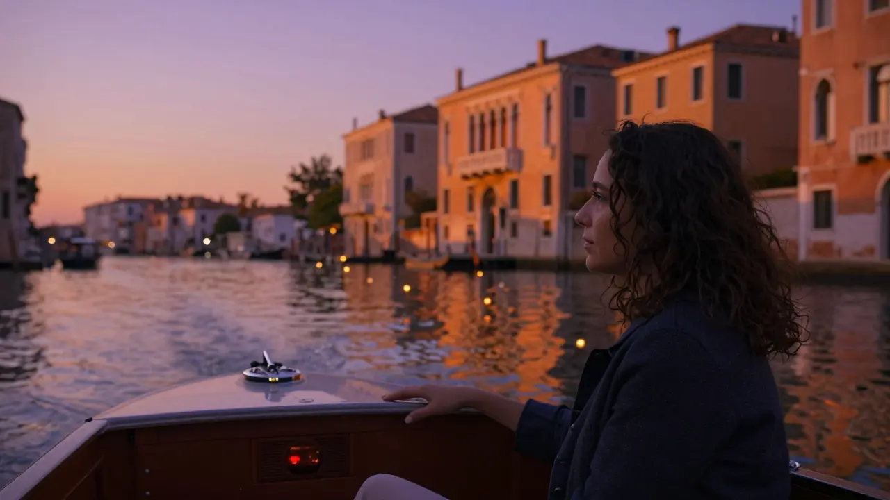 A private boat on the Naviglio Grande at sunset, city lights reflecting on water as two figures sit together.