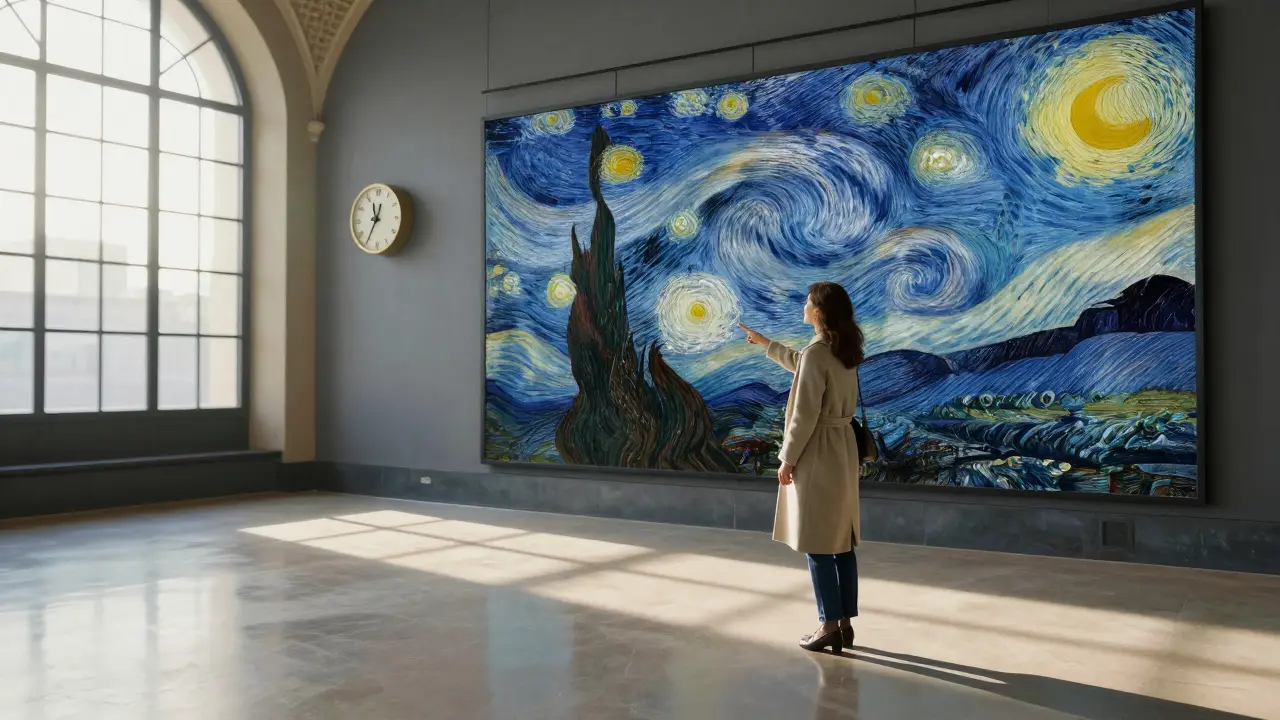 A private early morning view of Van Gogh's Starry Night in an empty museum, with a woman and guest standing in quiet admiration.