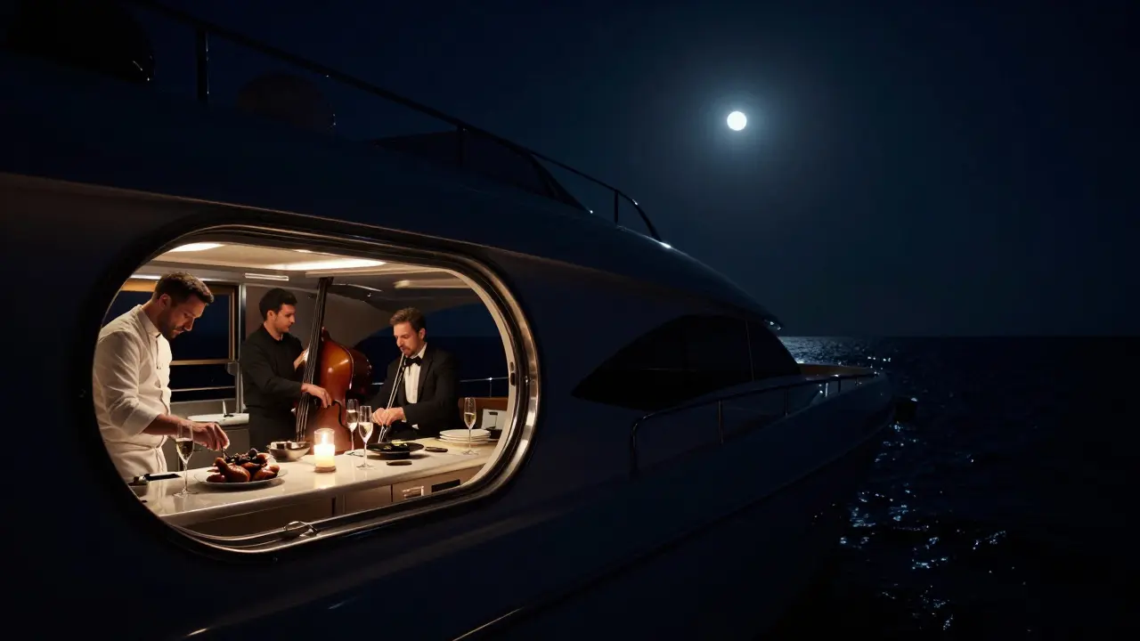 A private yacht sailing at night with jazz musicians playing and champagne being served in dim candlelight.