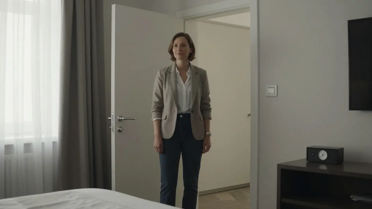 A professional escort standing calmly in a neutral hotel room, maintaining respectful distance and composure.