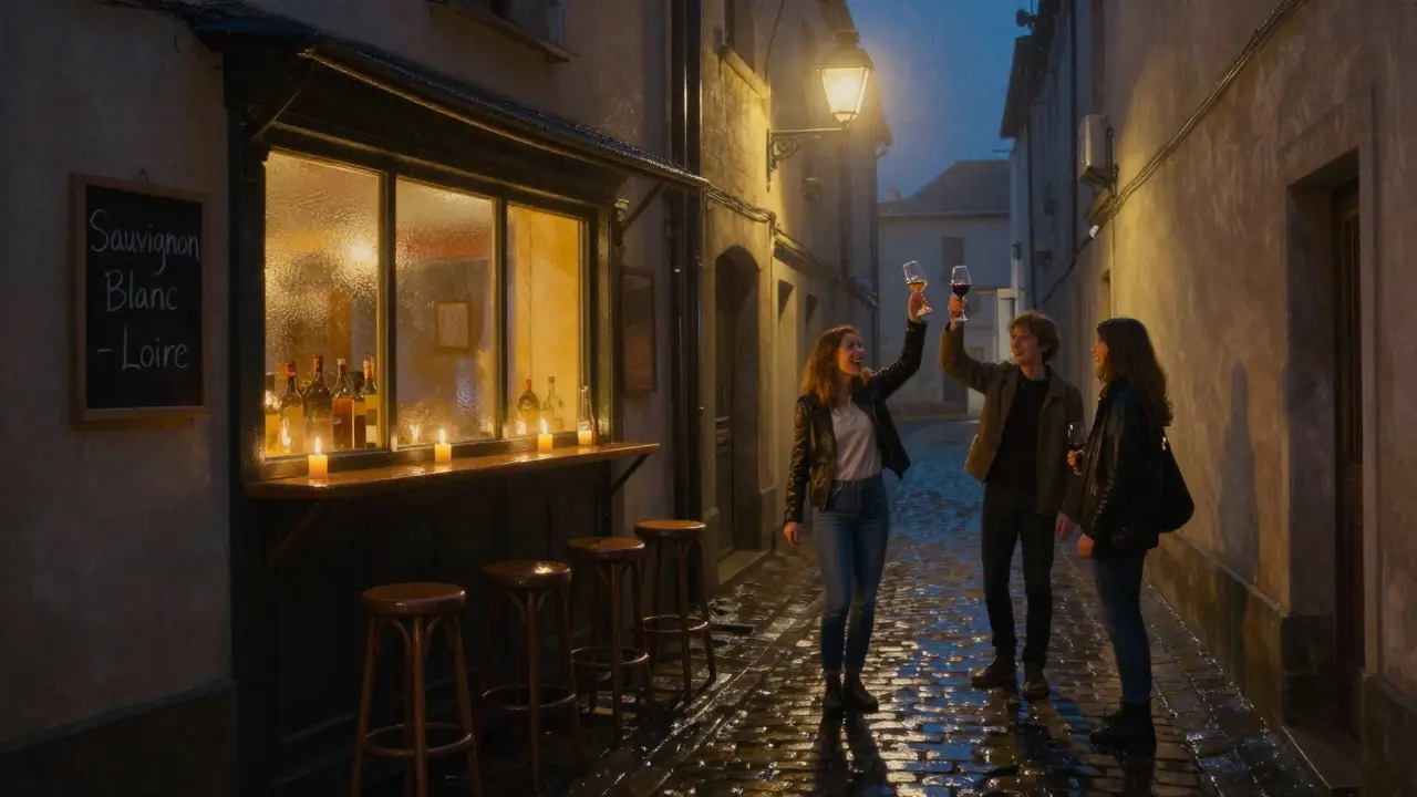 A quiet candlelit alley bar with women raising wine carafes under a flickering streetlamp.