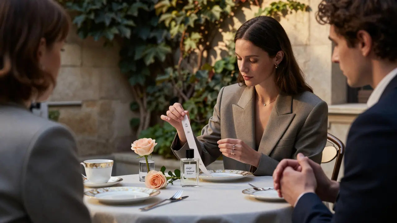 A quiet courtyard lunch in Paris with perfume bottles and fine china, two people sharing a silent, thoughtful moment.